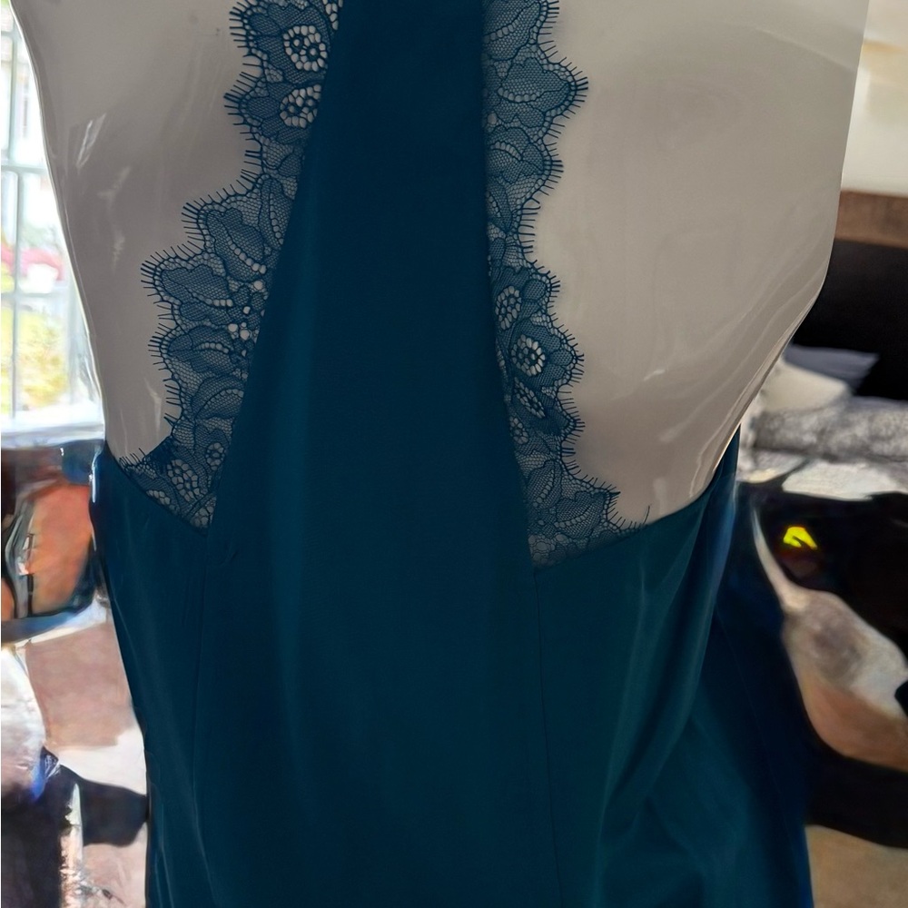 BCBGMAXAZRIA Teal Silk Cami with Lace Trimmed Racerback